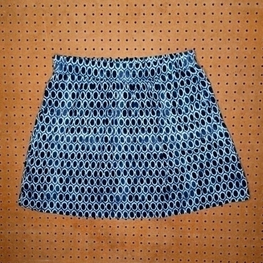 LOFT womens navy white Mosaic Stroll geometric stretch linen A-line skirt L EUC